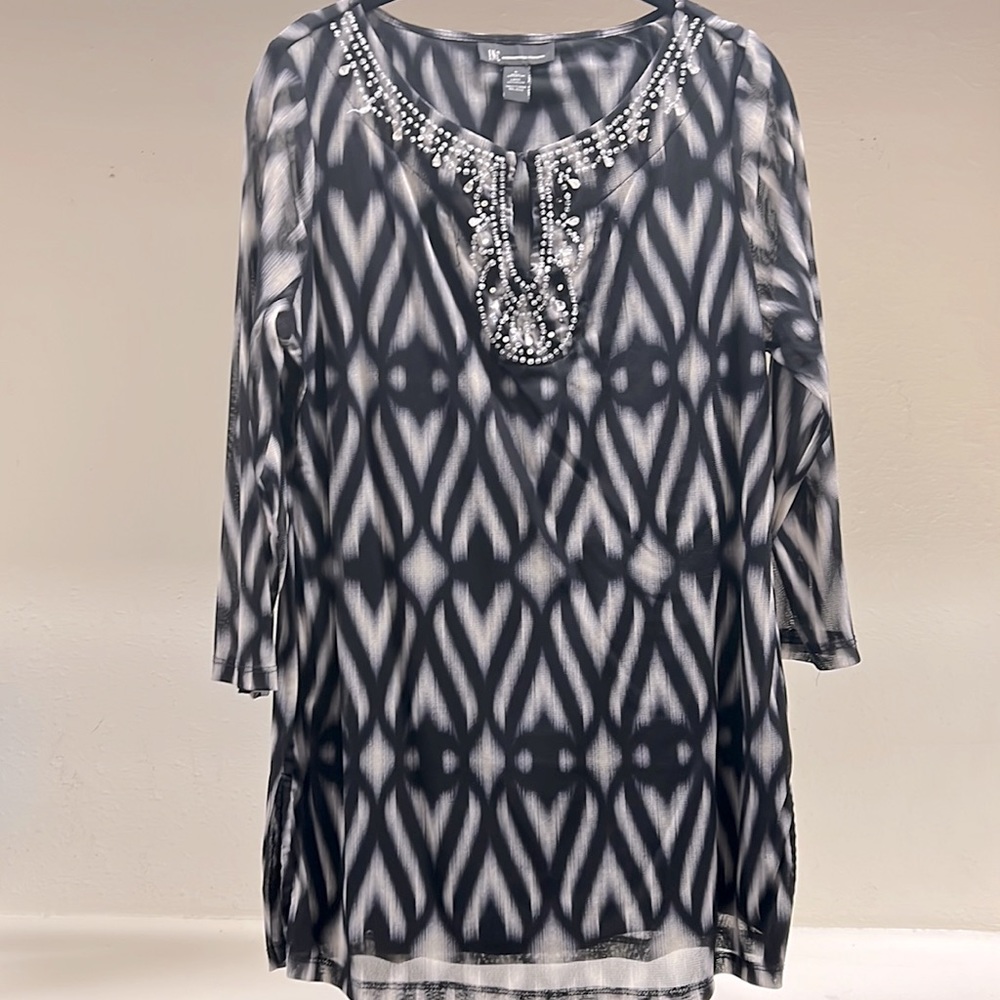 INC Women's Plus 3/4 Sleeve Beaded Tunic Shirt Ikat Scrolls